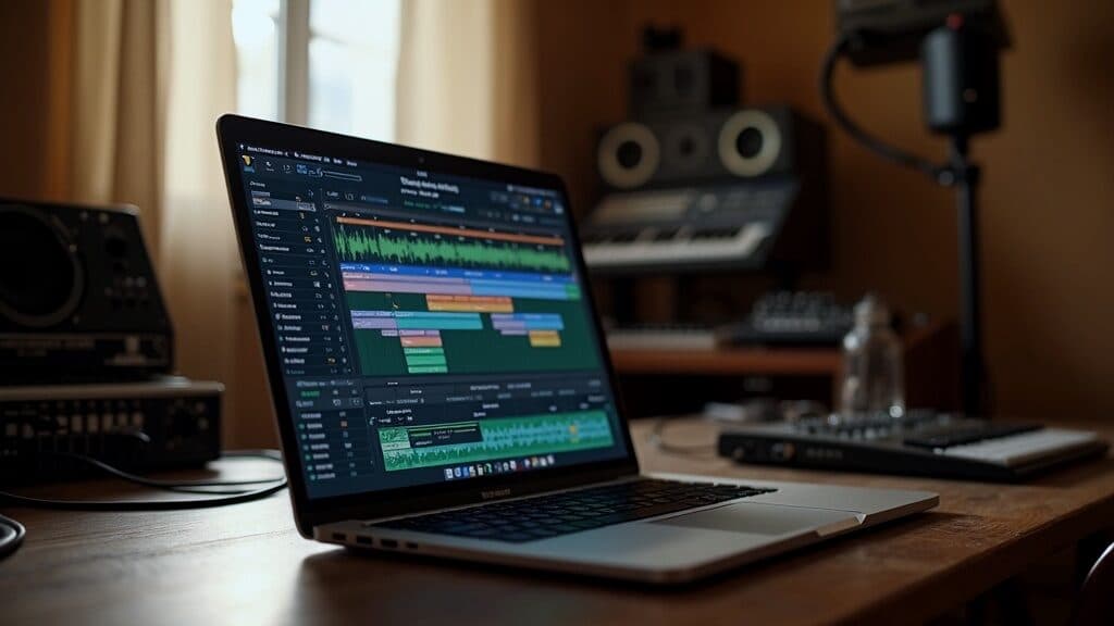 A laptop showing a DAW timeline on a warm studio desk