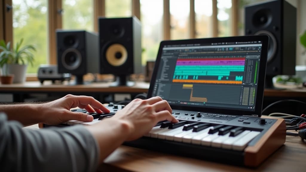 Hands on a MIDI keyboard beside a laptop running a DAW in a bright studio