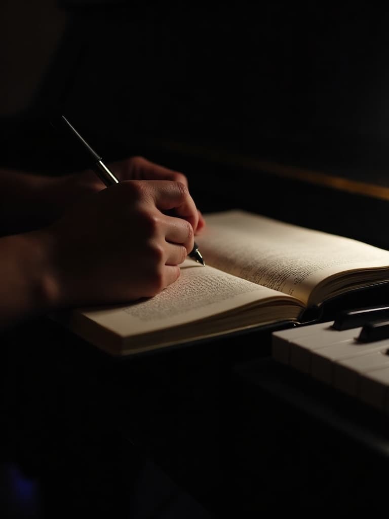 A songwriter at a piano, composing