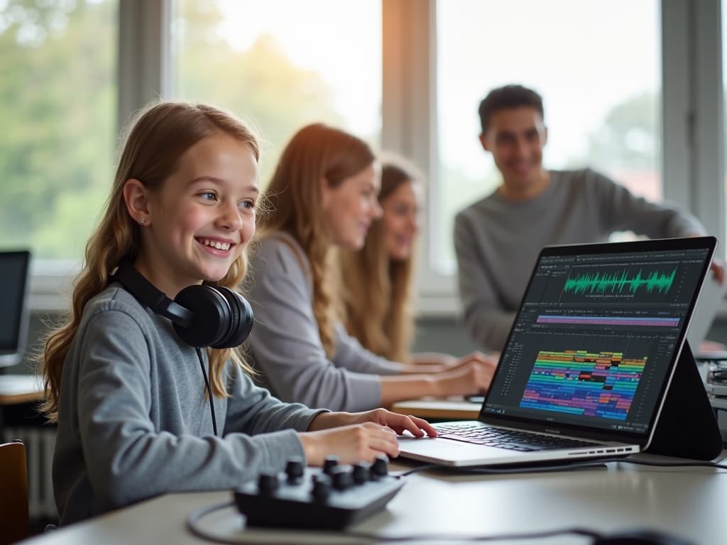 A teenage girl learning music production on a laptop with a MIDI keyboard in a bright classroom
